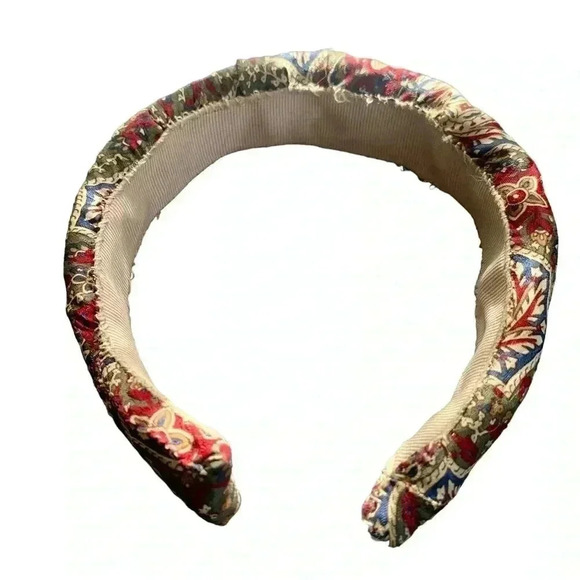Handcrafted Abstract Floral Print Jewel Tones Headband with Grosgrain Ribbon - Picture 3 of 7